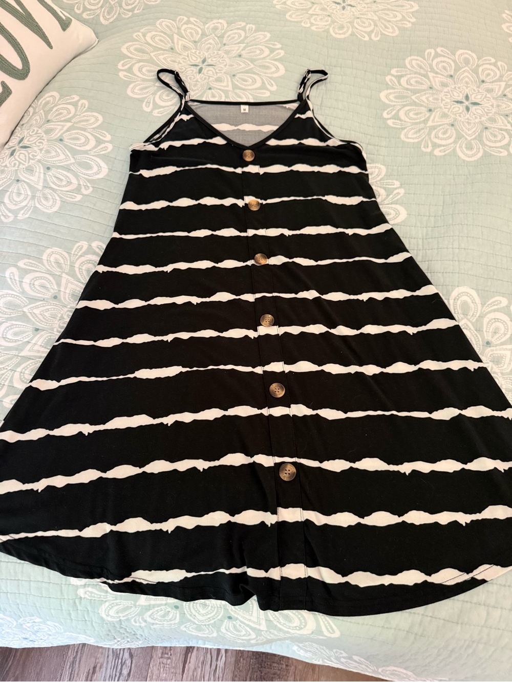 Womens Black and White Striped Button-Front Sundress